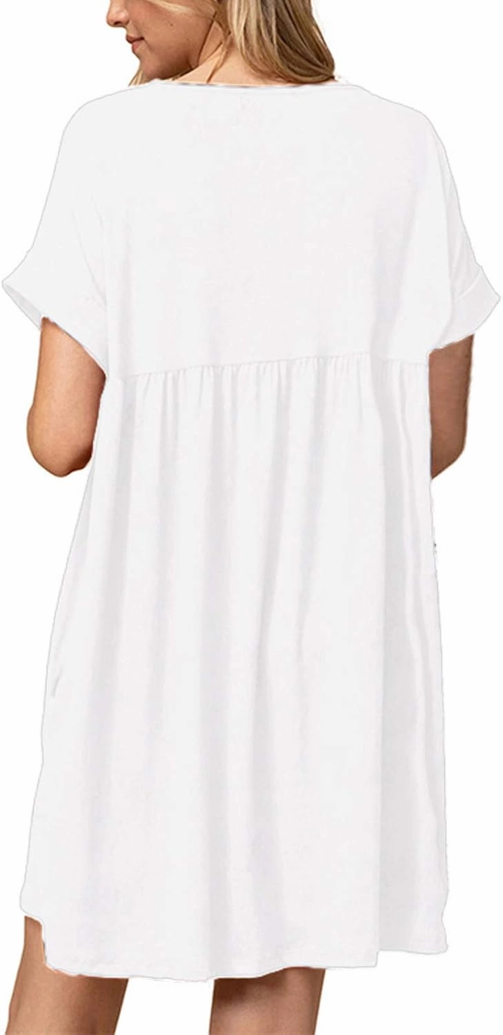 Jayscreate Women's Baby Doll Dress Summer Casual Tunic Pleated Flowy Swing Short Sleeve Black V Neck Mini Dress