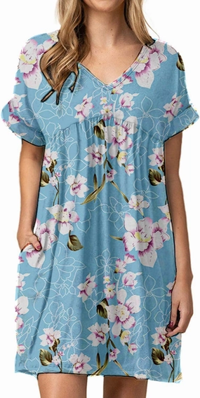Jayscreate Women's Baby Doll Dress Summer Casual Tunic Pleated Flowy Swing Short Sleeve Black V Neck Mini Dress
