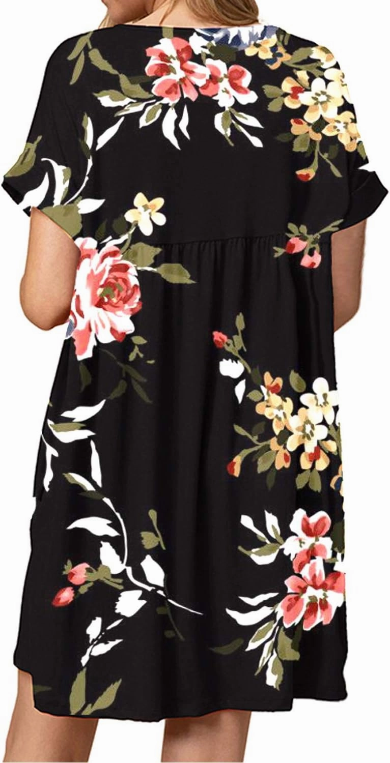 Jayscreate Women's Baby Doll Dress Summer Casual Tunic Pleated Flowy Swing Short Sleeve Black V Neck Mini Dress
