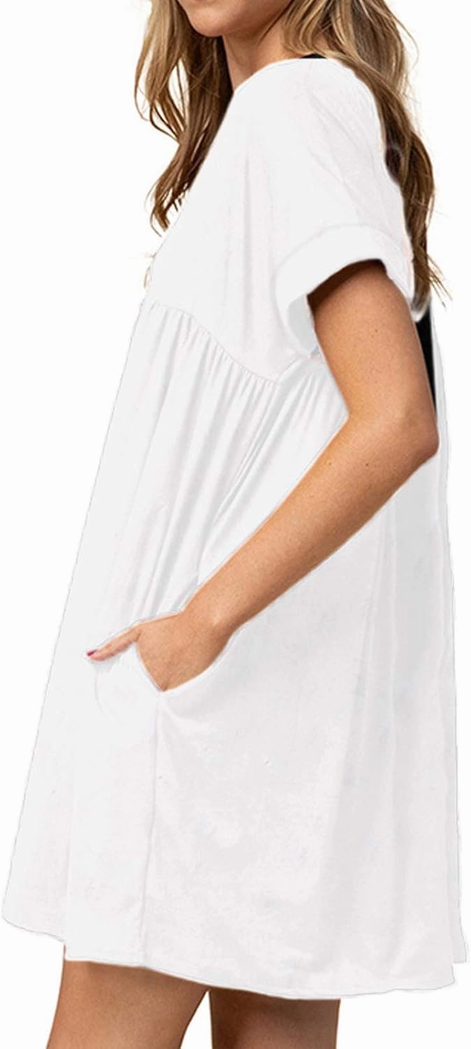 Jayscreate Women's Baby Doll Dress Summer Casual Tunic Pleated Flowy Swing Short Sleeve Black V Neck Mini Dress