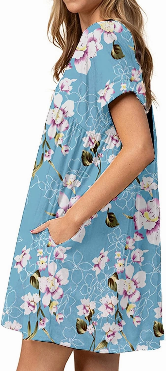 Jayscreate Women's Baby Doll Dress Summer Casual Tunic Pleated Flowy Swing Short Sleeve Black V Neck Mini Dress