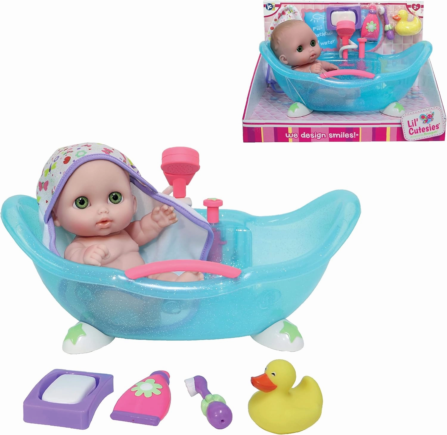 JC Toys Lil Cutesies 8.5" All Vinyl Doll and Real Working Bath Set | Posable and Washable | Removable Outfit | Bath with Play Accessories Ages 2  , Blue