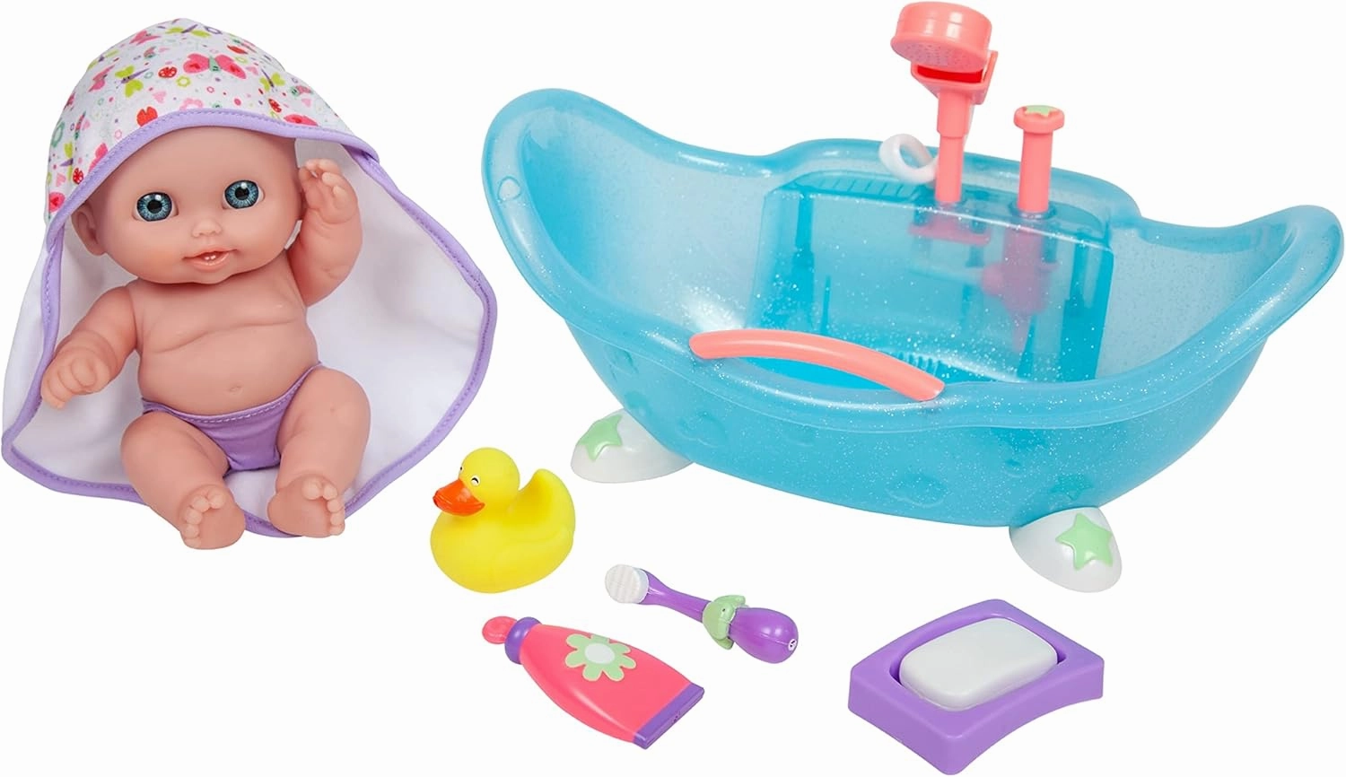 JC Toys Lil Cutesies 8.5" All Vinyl Doll and Real Working Bath Set | Posable and Washable | Removable Outfit | Bath with Play Accessories Ages 2  , Blue