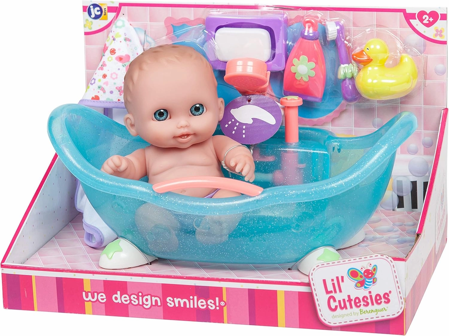 JC Toys Lil Cutesies 8.5" All Vinyl Doll and Real Working Bath Set | Posable and Washable | Removable Outfit | Bath with Play Accessories Ages 2  , Blue