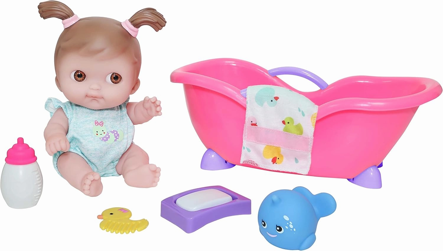 JC Toys Lil Cutesies 9" All Vinyl Baby Doll Bath Time Gift Set| Posable and Washable | Removable Outfit | Baby Bath and Accessories Ages 2 