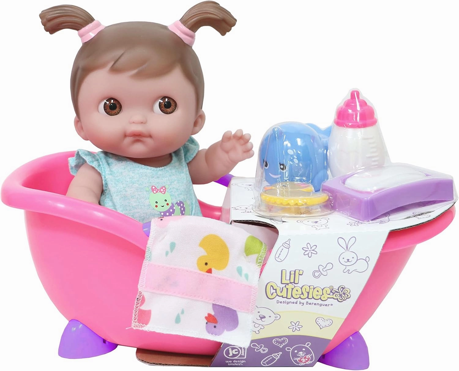 JC Toys Lil Cutesies 9" All Vinyl Baby Doll Bath Time Gift Set| Posable and Washable | Removable Outfit | Baby Bath and Accessories Ages 2 