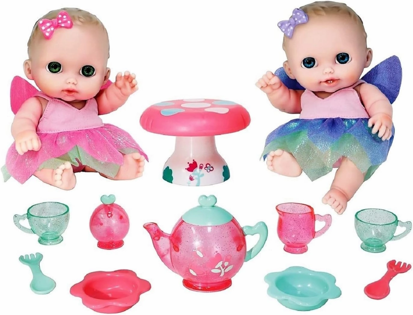 JC Toys Lil Cutesies Twin 8.5" All Vinyl Dolls and Fairy Tea Set | Posable and Washable | Removable Outfits | Twin Dolls and Tea Accessories Ages 2 