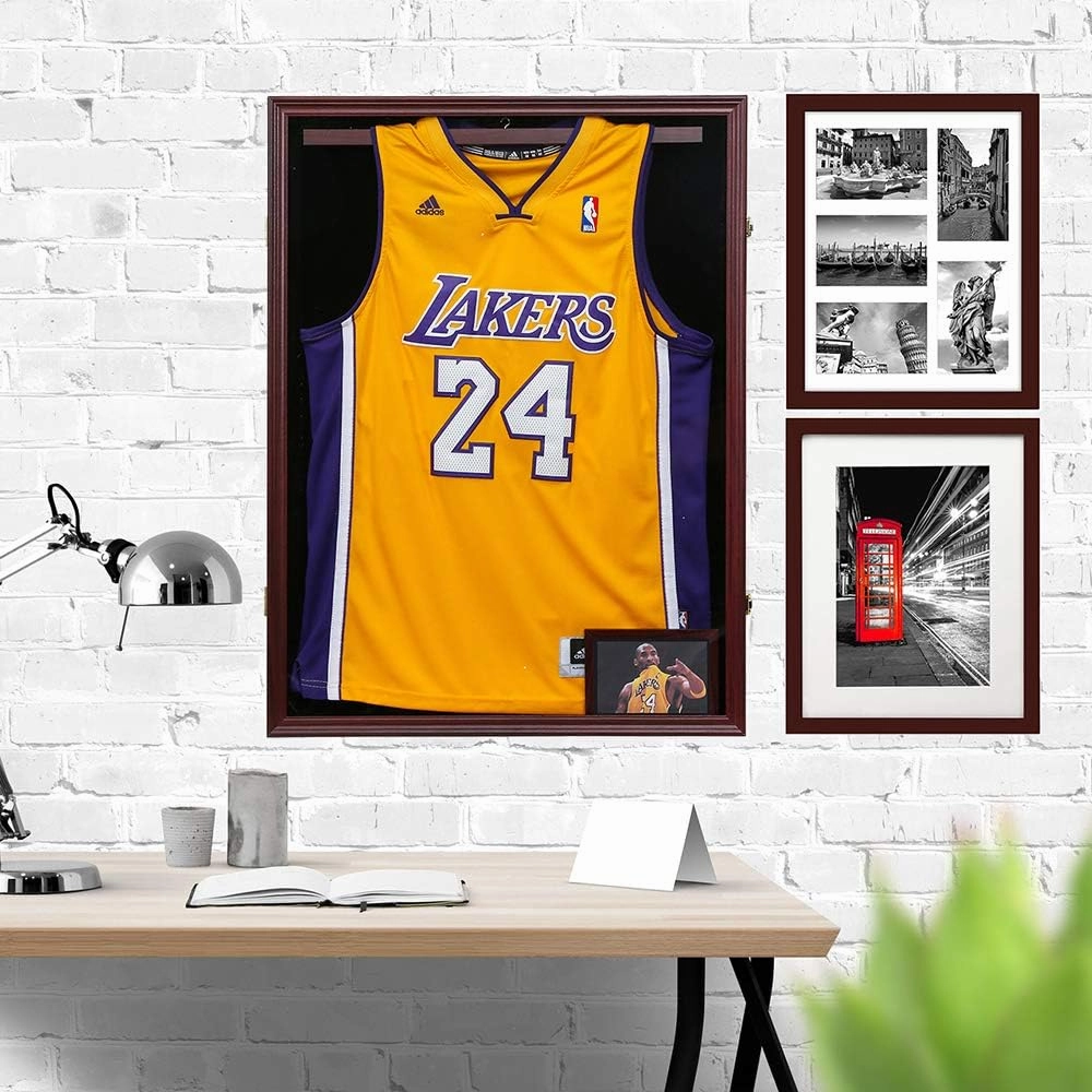 Jersey Display Case Large Lockable Frames Shadow Box with UV Protection Acrylic for Baseball Basketball Football Soccer Hockey Sport Shirt, Bonus A 4"x6" Photo Frame, Mahogany Finish