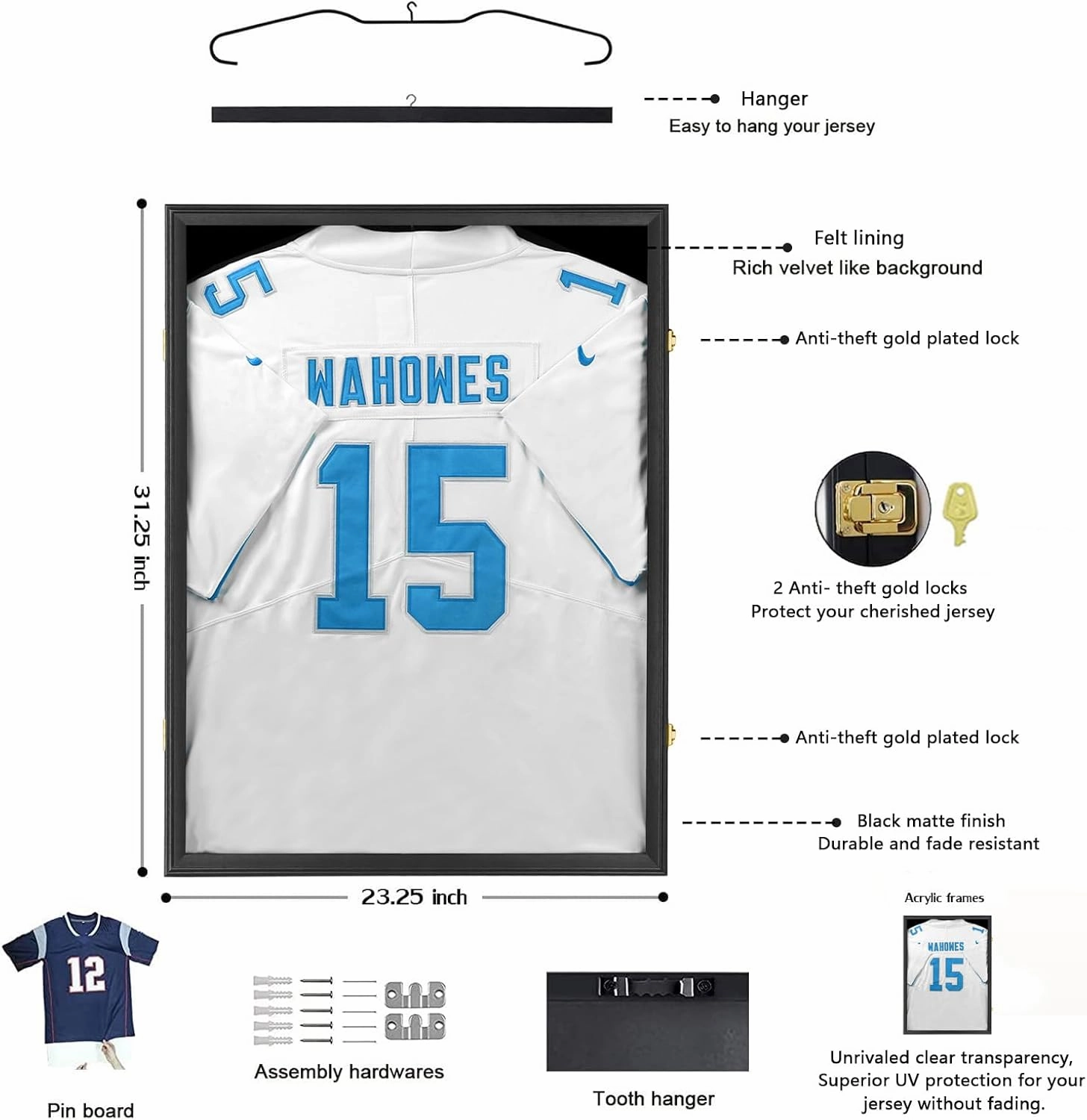Jersey Frame Display Case-Jersey Display Shadow Box- Lockable Jersey Frame with 2 Wall Hangers and UV Resistant Acrylic-Display Case for Football Baseball Basketball Jersey-Black, Wood
