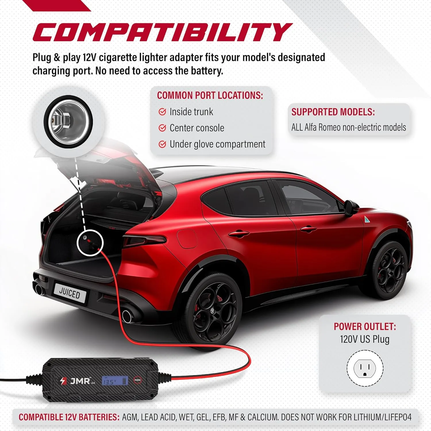 JMR Battery Charger for Alfa Romeo Stelvio Giulia Giulietta Tonale 4C MiTo 8C Brera 159 GT 147 166 156 All Models Trickle Charger Conditioner Maintainer (No Lithium Mode)