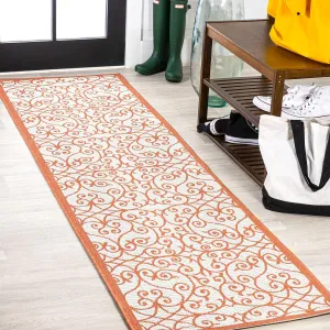 JONATHAN Y SMB107L-28 Madrid Vintage Filigree Textured Weave Indoor Outdoor Runner Rug, Classic Traditional Transitional Easy Cleaning,Bedroom,Kitchen,Backyard,Patio,Non Shedding, Cream/Orange, 2 X 8