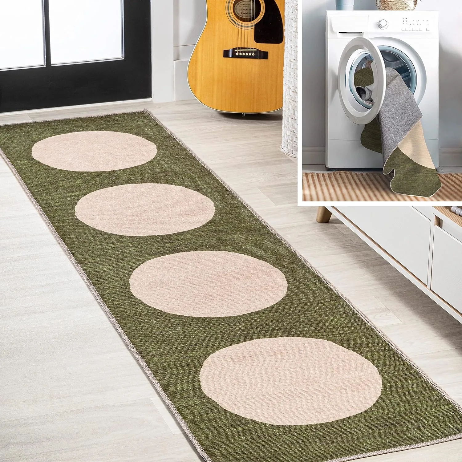 JONATHAN Y WSH113B-28 Cirkel Minimalist Geometric Dot Machine-Washable Indoor Runner-Rug, Scandinavian, Modern, Bohemian Easy-Washing,Bedroom,Kitchen,Living Room,Non Shedding, Green/Cream, 2 X 8