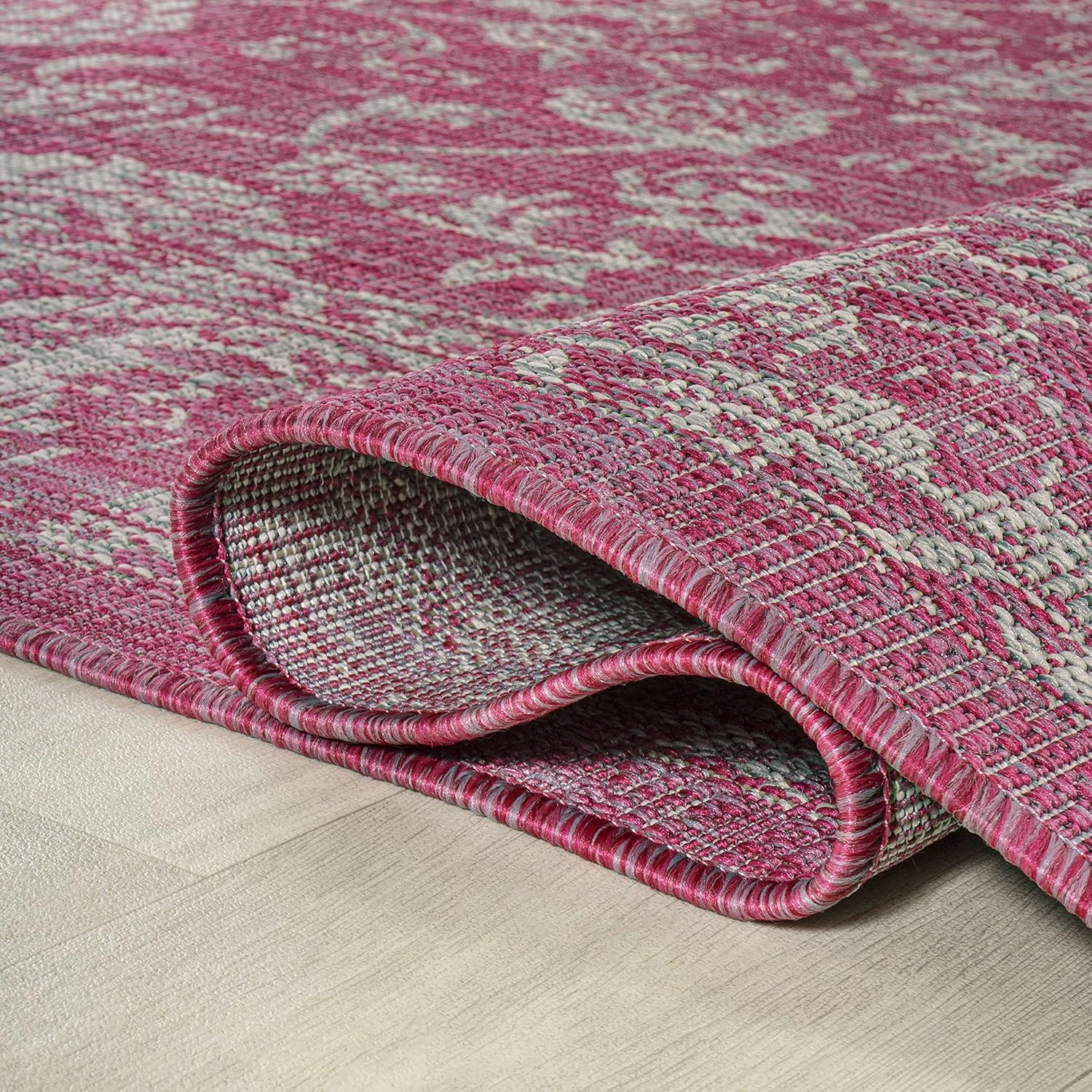 JONATHAN Y SMB100G-28 Tela Bohemian Textured Weave Floral Indoor Outdoor Area Rug, Coastal Traditional Transitional Easy Cleaning,Bedroom,Kitchen,Backyard,Patio, Fuchsia/Light Gray, 2 X 8