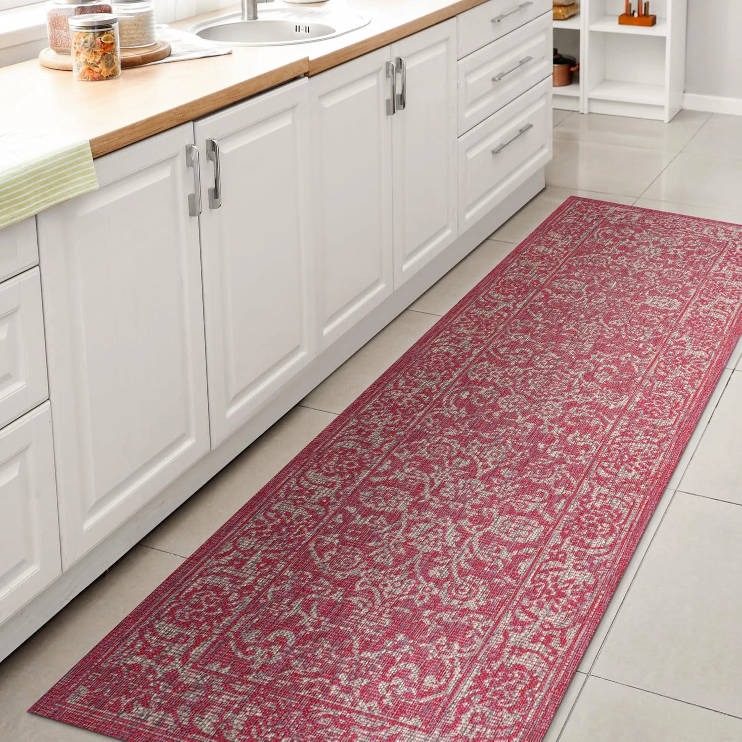JONATHAN Y SMB100G-28 Tela Bohemian Textured Weave Floral Indoor Outdoor Area Rug, Coastal Traditional Transitional Easy Cleaning,Bedroom,Kitchen,Backyard,Patio, Fuchsia/Light Gray, 2 X 8