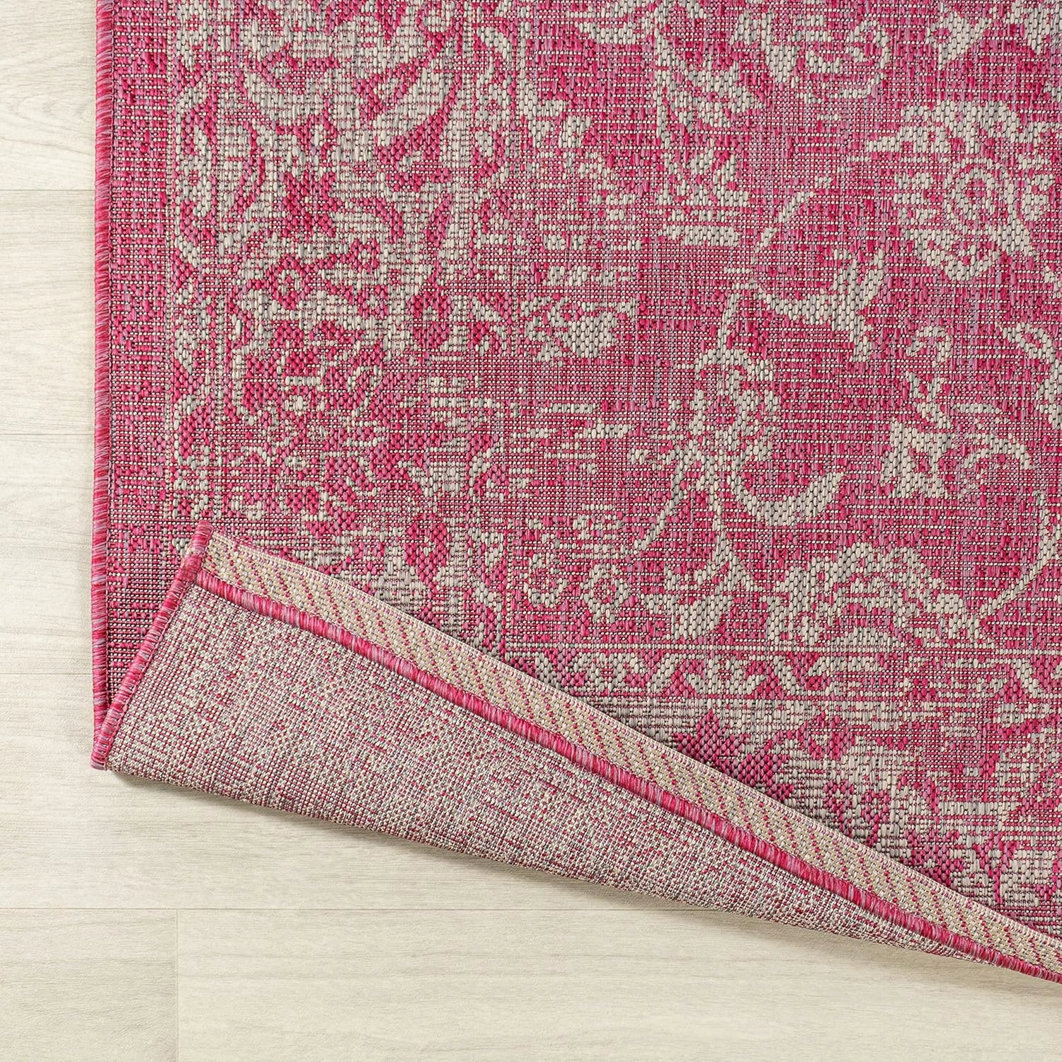 JONATHAN Y SMB100G-28 Tela Bohemian Textured Weave Floral Indoor Outdoor Area Rug, Coastal Traditional Transitional Easy Cleaning,Bedroom,Kitchen,Backyard,Patio, Fuchsia/Light Gray, 2 X 8