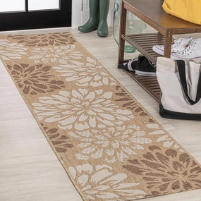 JONATHAN Y SMB110I-210 Zinnia Modern Floral Textured Weave Indoor Outdoor Runner Rug, Bohemian Coastal Mediterranean Easy Cleaning,Bedroom,Kitchen,Backyard,Patio,Non Shedding, Brown/Cream, 2 X 10