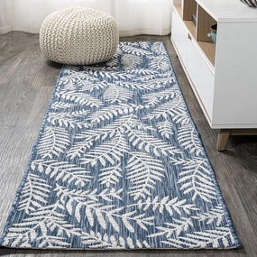 JONATHAN Y SMB119B-210 Nevis Palm Frond Indoor Outdoor Runner Rug Coastal Floral Easy-Cleaning Bedroom Kitchen Backyard Patio Non Shedding, 2 X 10, Navy/Ivory