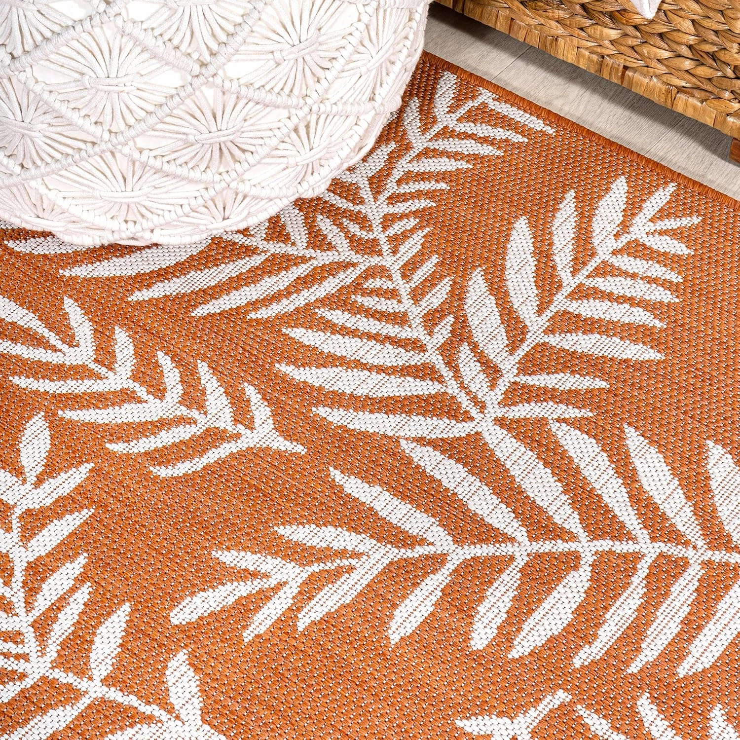 JONATHAN Y SMB119E-210 Nevis Palm Frond Indoor Outdoor Runner Rug, Coastal Casual Country & Floral Easy Cleaning,Bedroom,Kitchen,Backyard,Patio,Non Shedding, Orange/Cream, 2 X 10