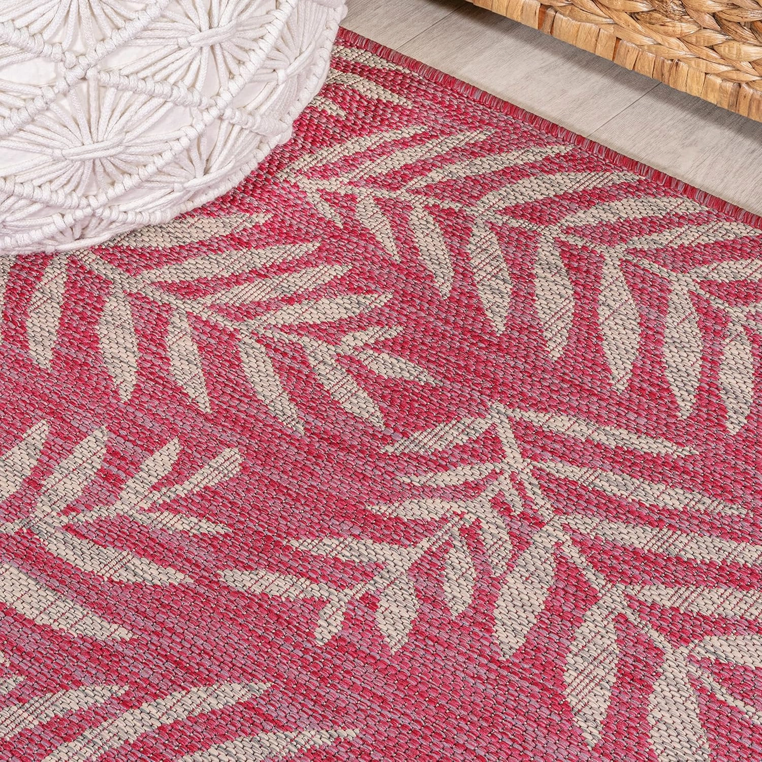JONATHAN Y SMB119F-210 Nevis Palm Frond Indoor Outdoor Area Rug, Coastal Casual Country & Floral Easy Cleaning,Bedroom,Kitchen,Backyard,Patio,Non Shedding, Fuchsia/Light Gray, 2 X 10