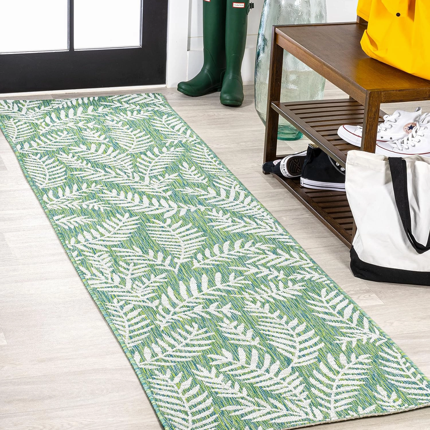 JONATHAN Y SMB119G-210 Nevis Palm Frond Indoor Outdoor Runner Rug, Coastal Casual Country & Floral Easy Cleaning,Bedroom,Kitchen,Backyard,Patio,Non Shedding, Cream/Green, 2 X 10