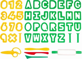 Jovi - Playdough Tools for Kids, 44 Modeling and Cutting Tools for Modeling Clays, Air Dry, Dough, Plasticine... Accessories Set with Letters, Numbers, 1 Rolling Pin and Scissors (P7AN)