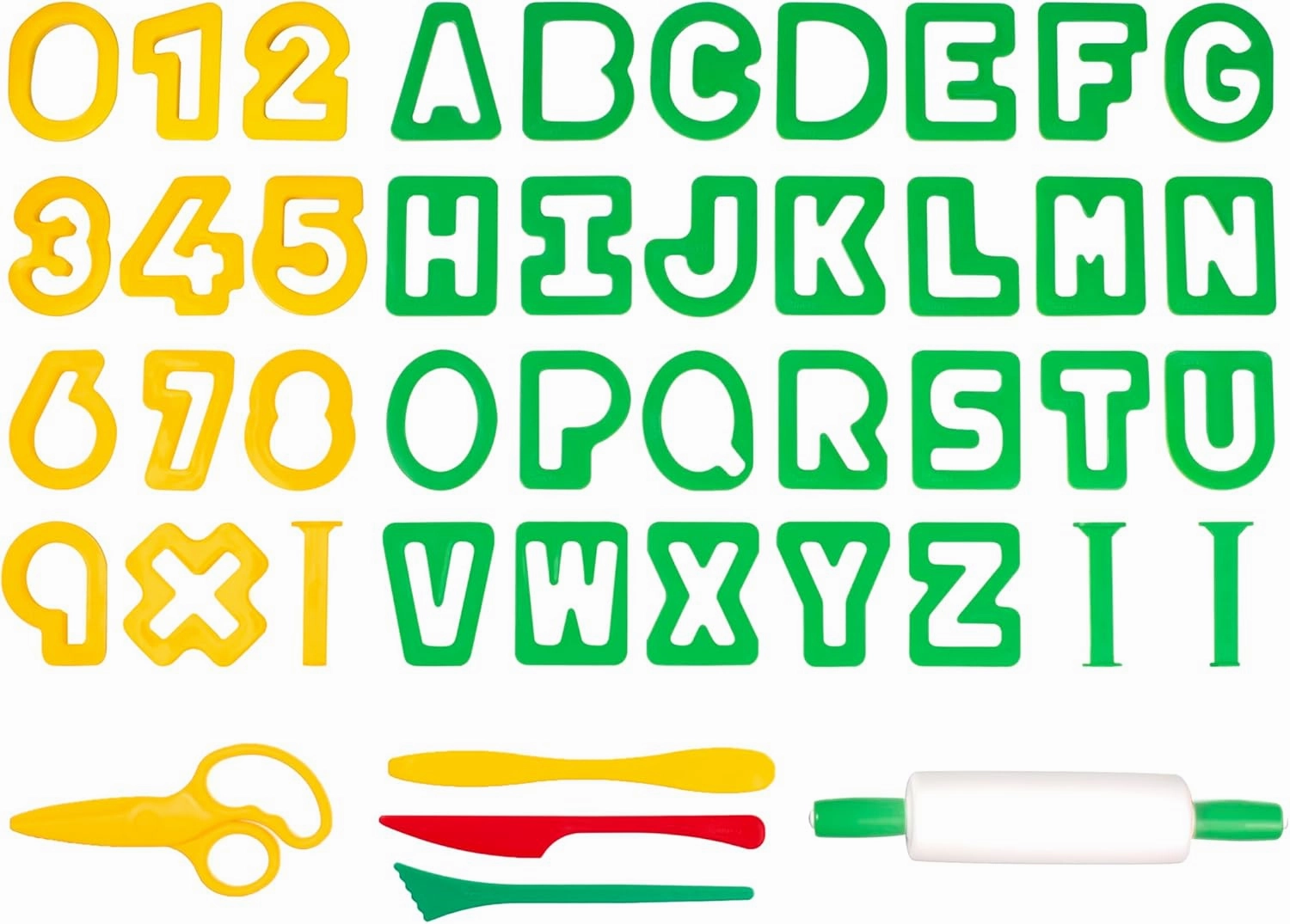 Jovi - Playdough Tools for Kids, 44 Modeling and Cutting Tools for Modeling Clays, Air Dry, Dough, Plasticine... Accessories Set with Letters, Numbers, 1 Rolling Pin and Scissors (P7AN)