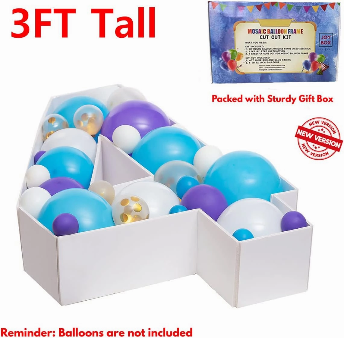 JoyBox Design 3FT Mosaic Balloon Frame Number 4 Light Up Numbers Pre-Cut Kit Thick Foam Board for Birthday Decoration
