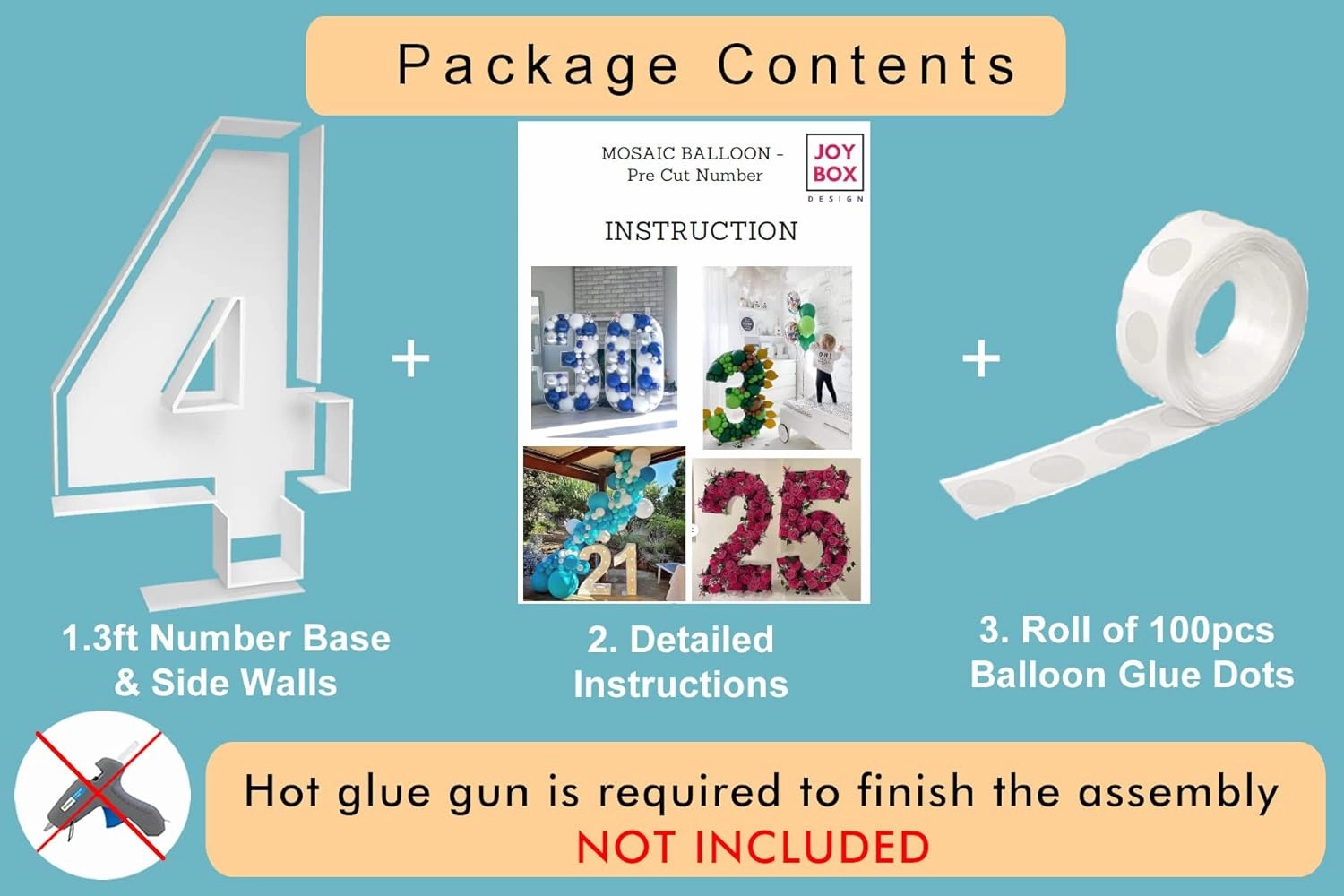 JoyBox Design 3FT Mosaic Balloon Frame Number 4 Light Up Numbers Pre-Cut Kit Thick Foam Board for Birthday Decoration