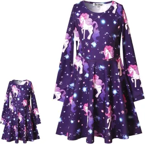 Jxstar Girls&Doll Matching Dresses Long Sleeve Unicorn Mermaid Outfits Clothes