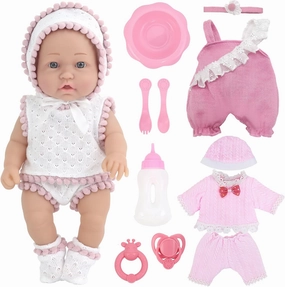 K.T. Fancy 14 Pcs 12 Inch Baby Doll with Washable Doll Clothes and Accessories, Cute Blue Eyes Baby Doll with Stylish Doll Onesie, First Baby Dolls for Toddlers 36 Months and Up