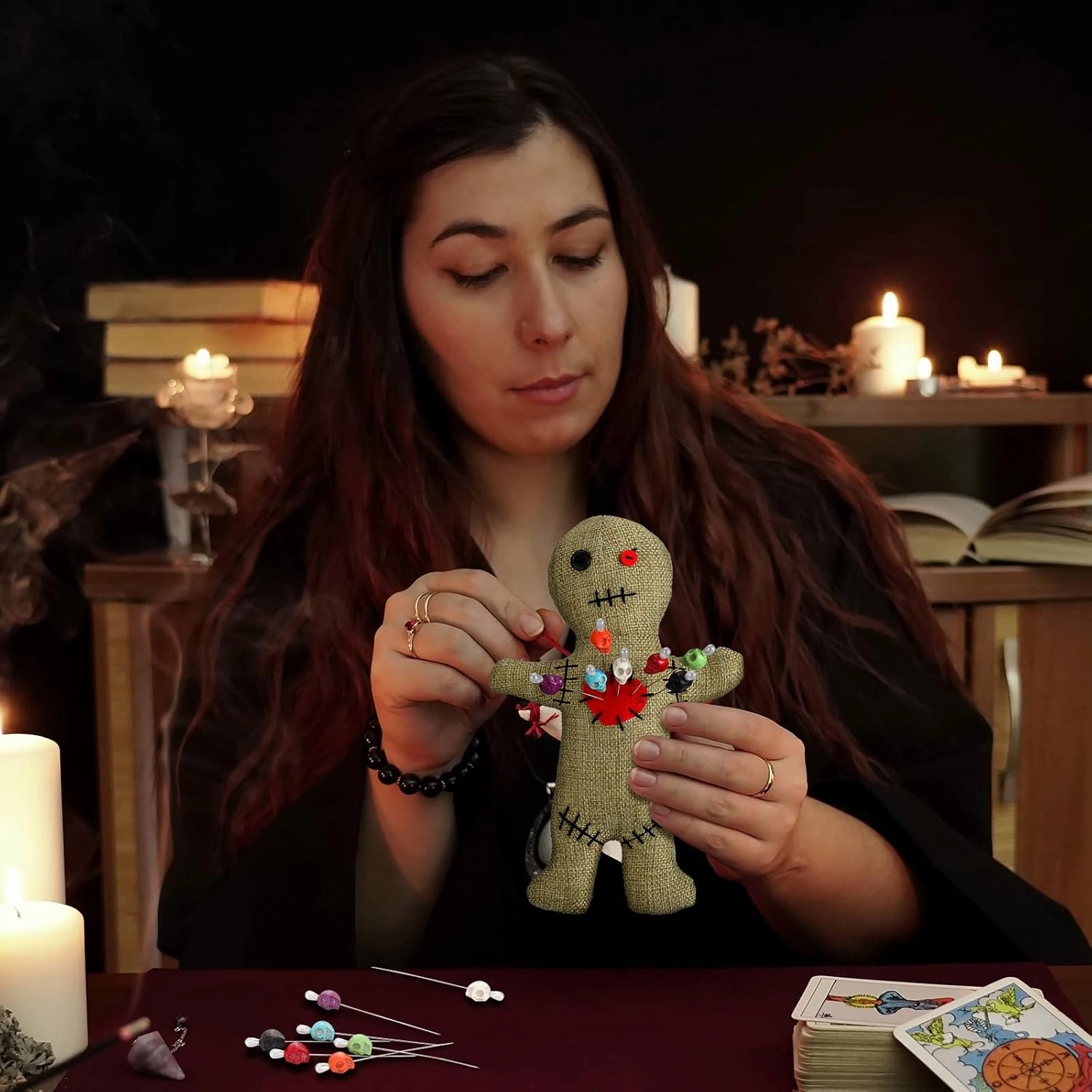Kathfly 8 Pcs Voodoo Doll Set Include Horror Doll, 7 Pcs Skull Pins Ghost Soft Revenge Dammit Creepy Pin Holder Voodoo Resin Metal Straight Pins Stress Relieving(Flaxen)