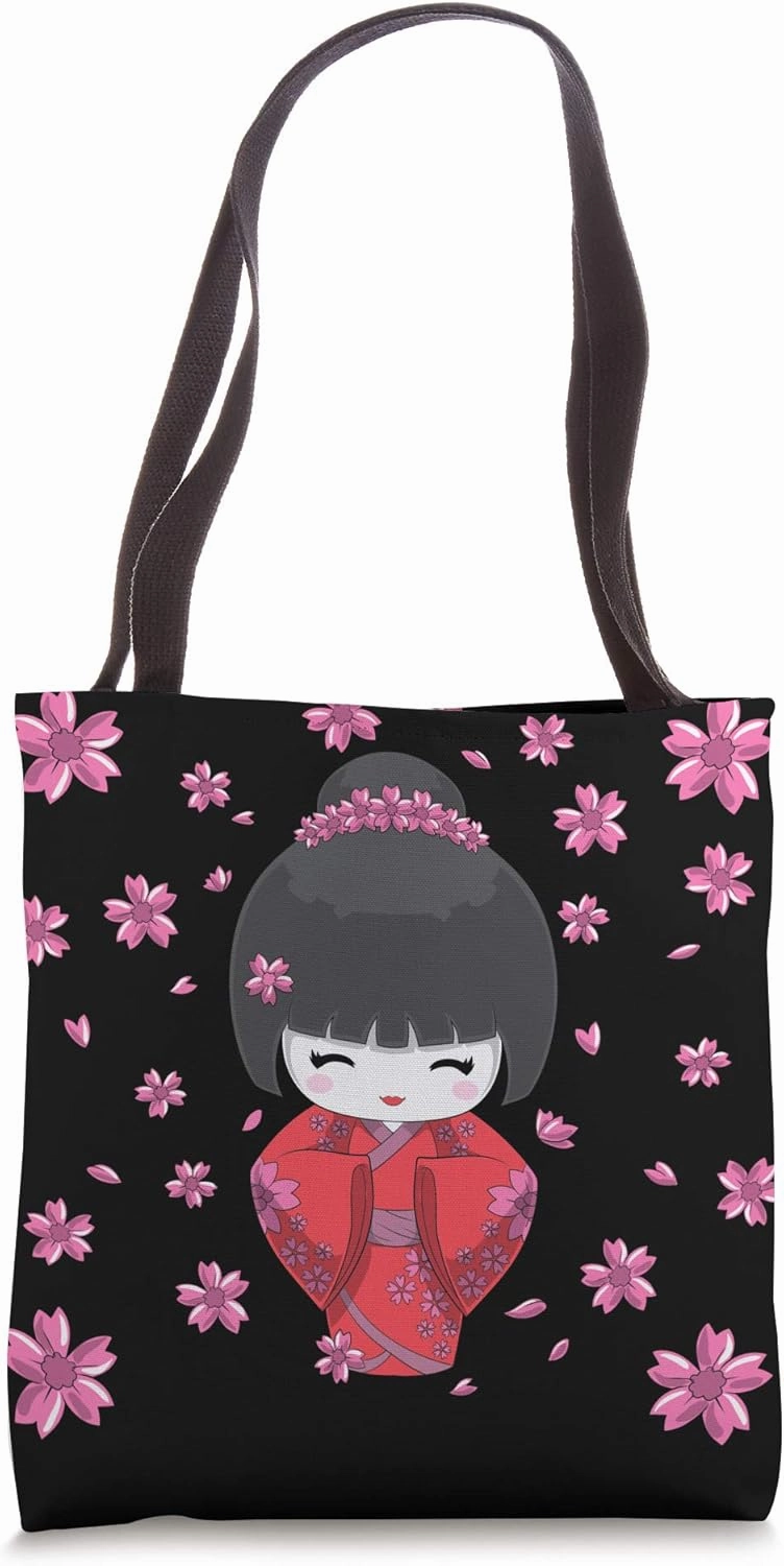 Kawaii Kokeshi Doll with Japanese Cherry Blossom Flowers Tote Bag