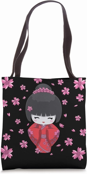 Kawaii Kokeshi Doll with Japanese Cherry Blossom Flowers Tote Bag