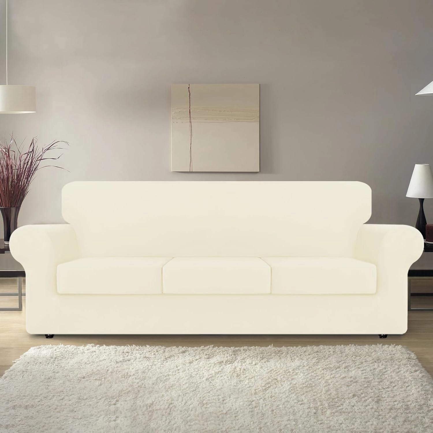 KEKUOU 4 Pieces Stretch Couch Covers for 3 Cushion Couch Sofa pet Friendly， Sofa Covers Washable Soft Elastic Dogs Furniture Protector(Sofa,Beige)