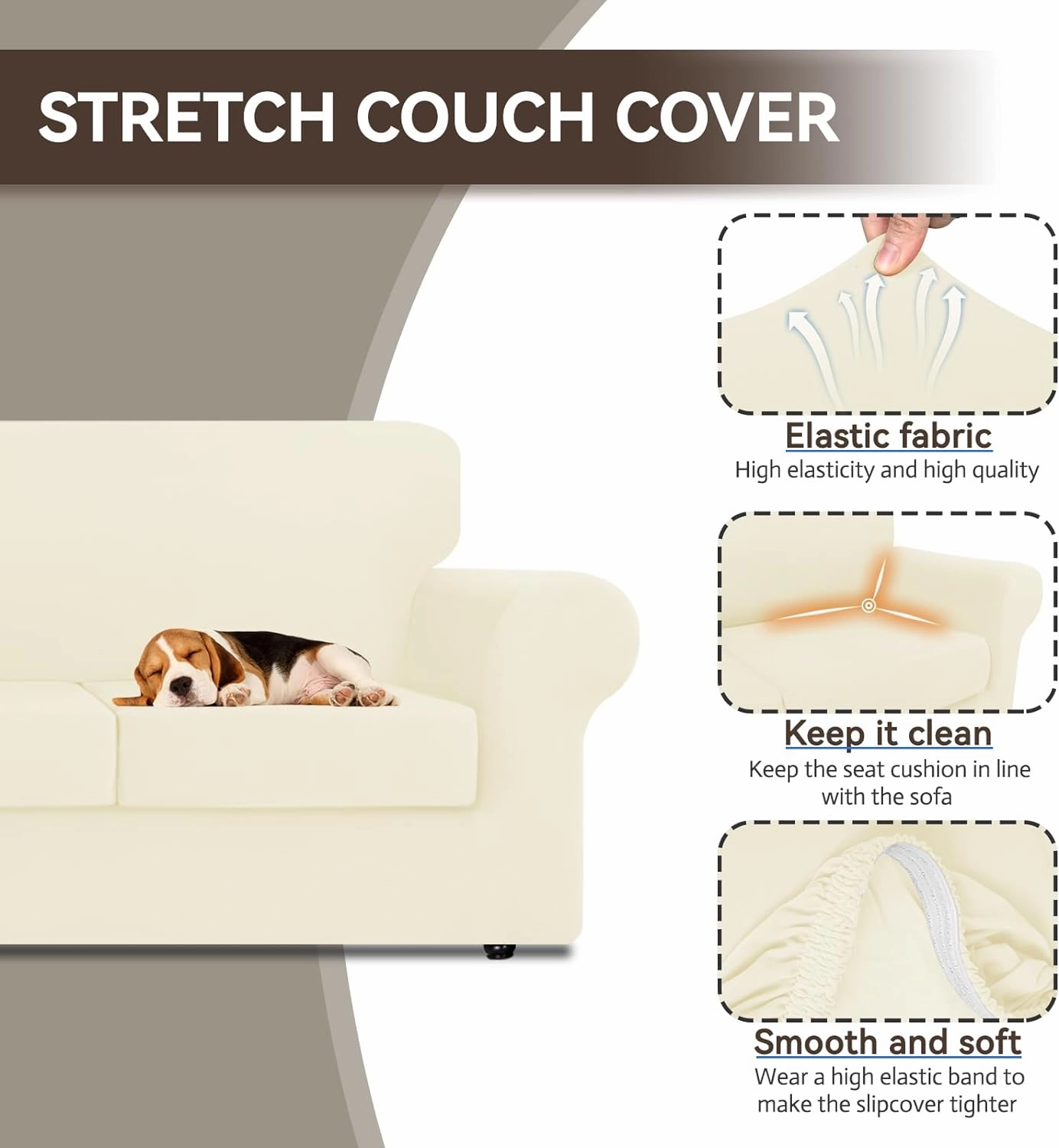 KEKUOU 4 Pieces Stretch Couch Covers for 3 Cushion Couch Sofa pet Friendly， Sofa Covers Washable Soft Elastic Dogs Furniture Protector(Sofa,Beige)