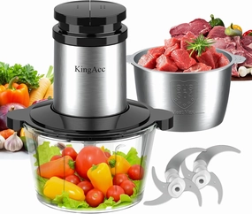 KingAcc Food Processor, 8-Cup 500W Meat Grinder & Mini Electric Vegetable Chopper with Copper Motor, 2 Blades & Dual Bowls (Glass Stainless Steel), Overheat Protection for Baby Food/Meat/Home Kitchen