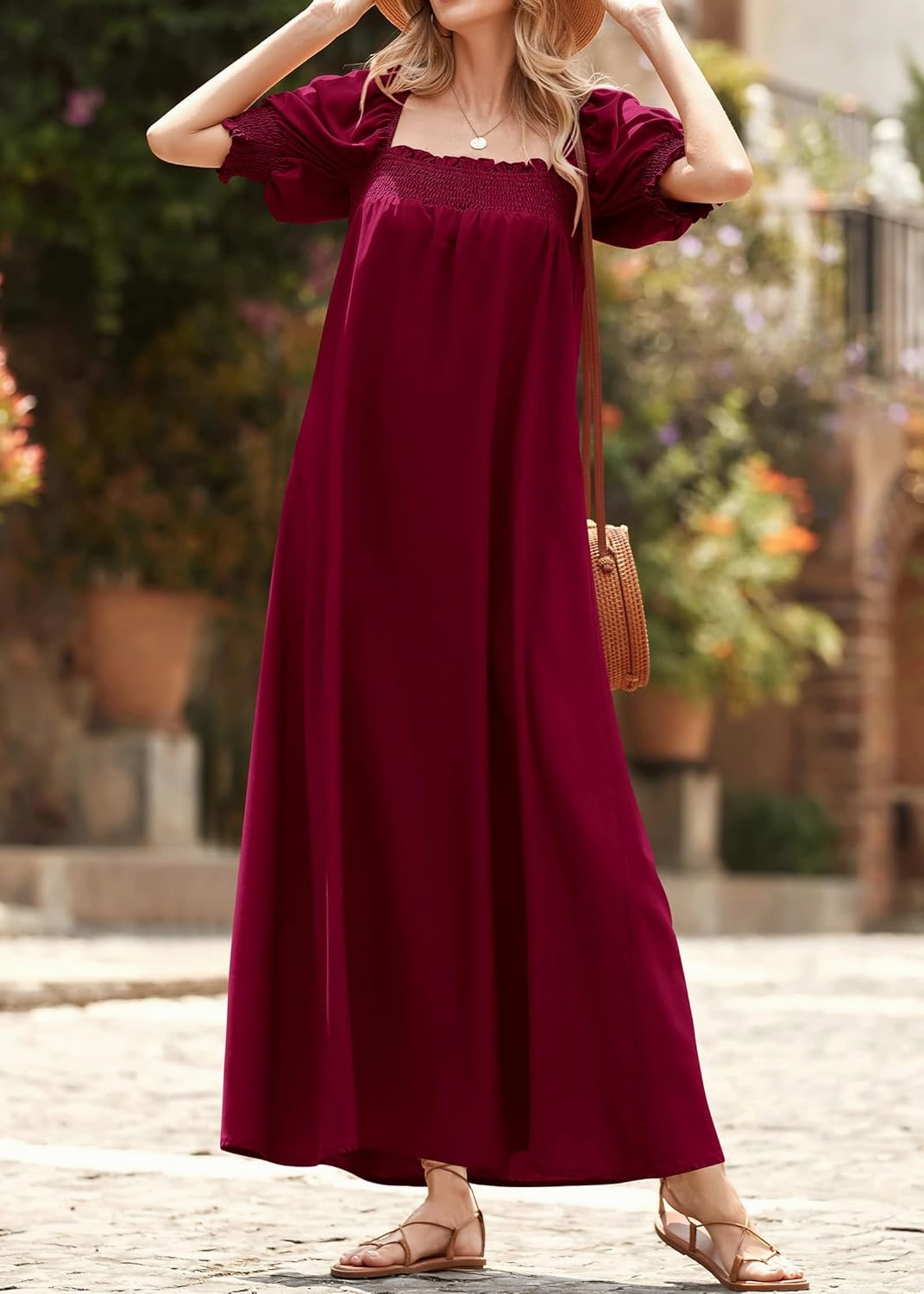KIRUNDO Women 2025 Summer Maxi Dress Casual Loose Puff Sleeve Square Neck Maternity Flowy Long Beach Dresses with Pockets