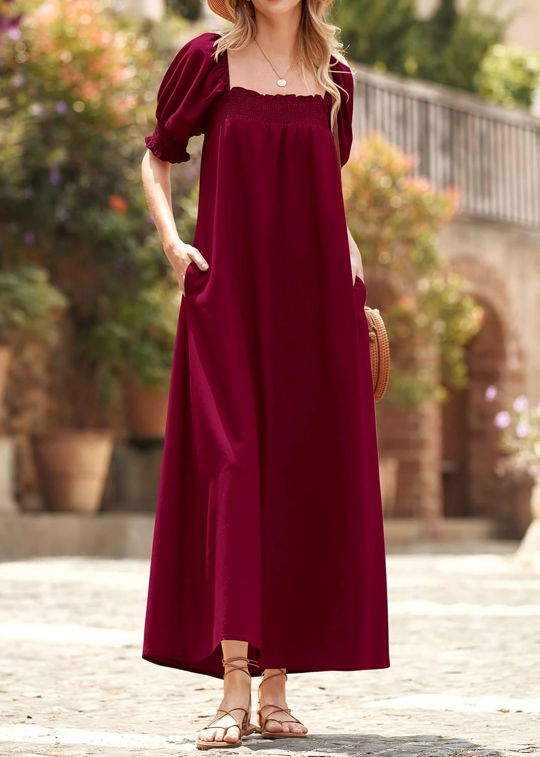 KIRUNDO Women 2025 Summer Maxi Dress Casual Loose Puff Sleeve Square Neck Maternity Flowy Long Beach Dresses with Pockets