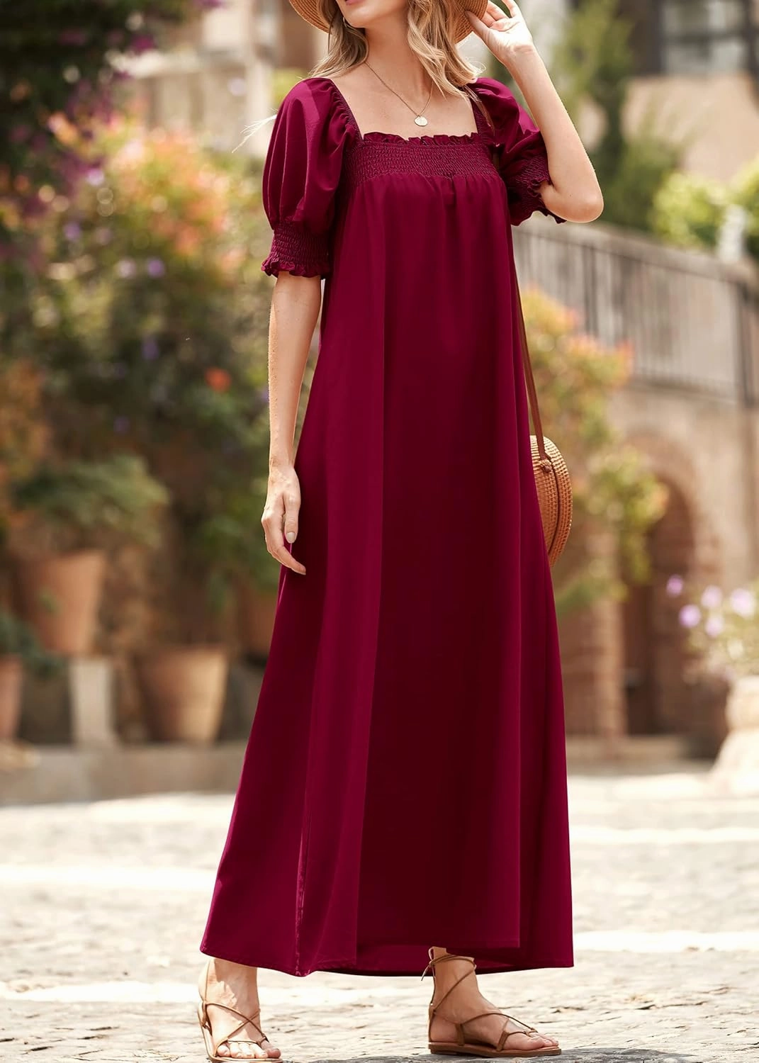 KIRUNDO Women 2025 Summer Maxi Dress Casual Loose Puff Sleeve Square Neck Maternity Flowy Long Beach Dresses with Pockets