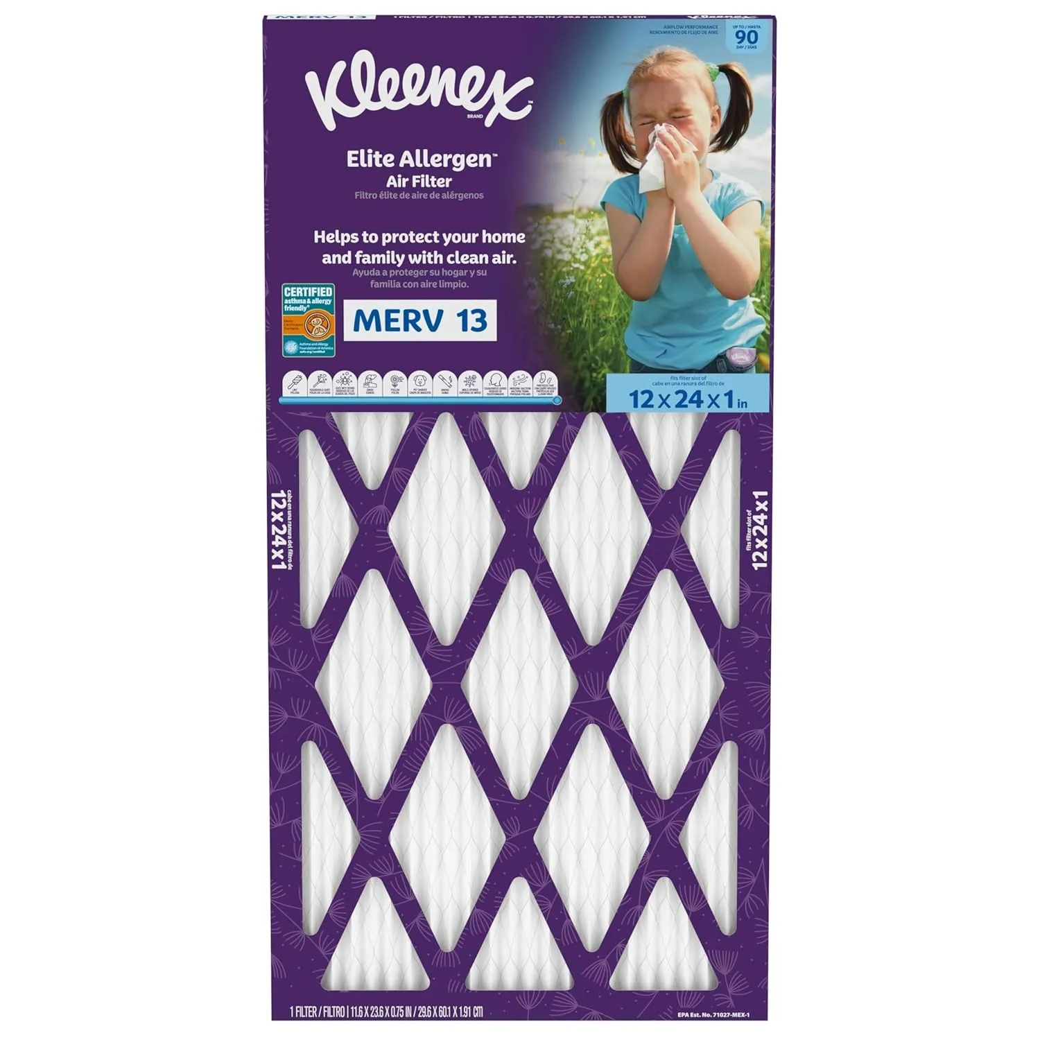 Kleenex Elite Allergen Air Filter 12x24x1 Inches - 13 MERV RATING (2-Pack)