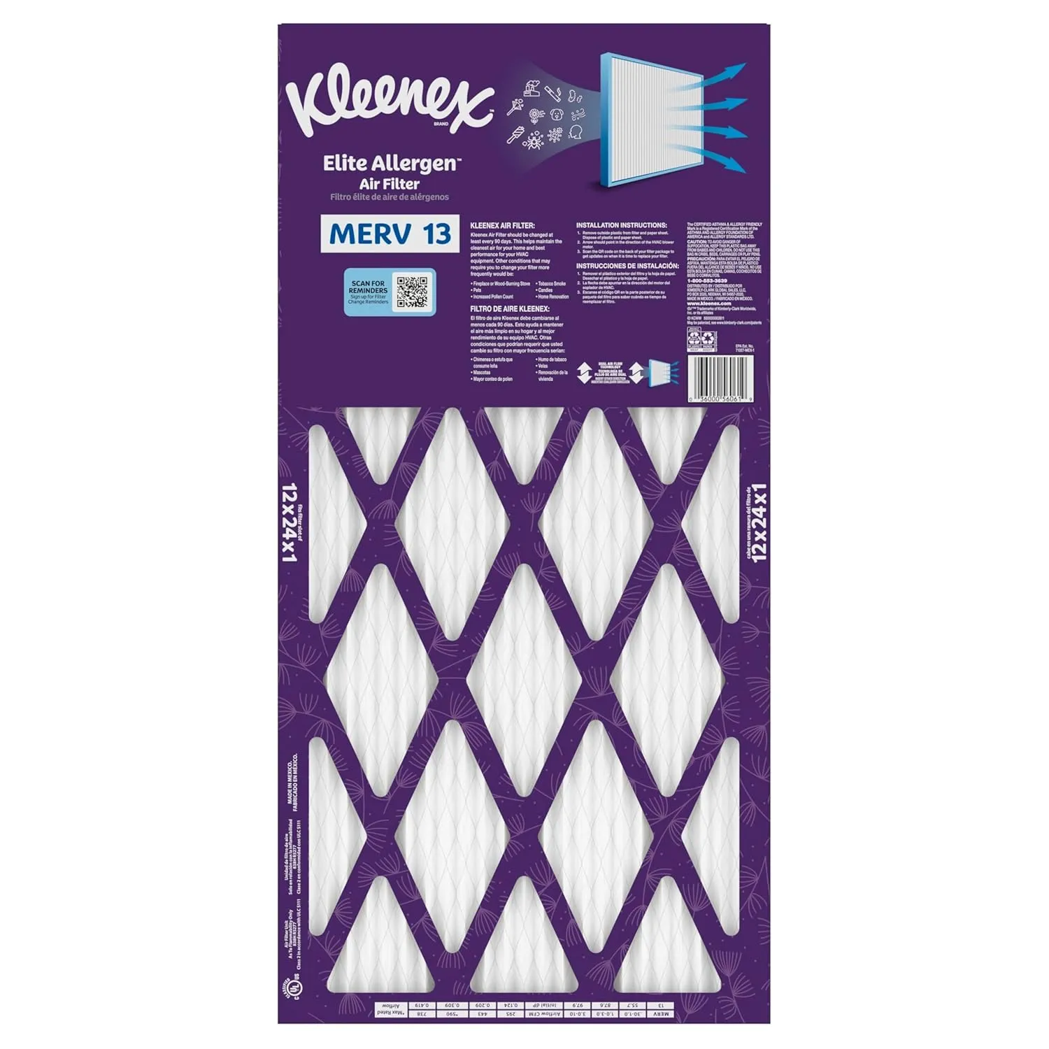 Kleenex Elite Allergen Air Filter 12x24x1 Inches - 13 MERV RATING (2-Pack)