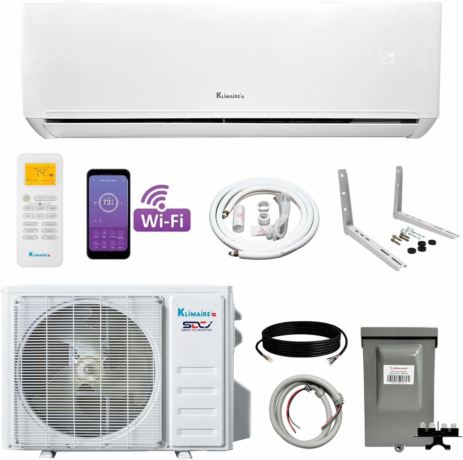 Klimaire 12,000 BTU 22 SEER2 Wall Mounted Ductless Mini Split Inverter A/C Heat Pump System w/ 16’ Installation Kit & Wall Mounting Bracket 115V