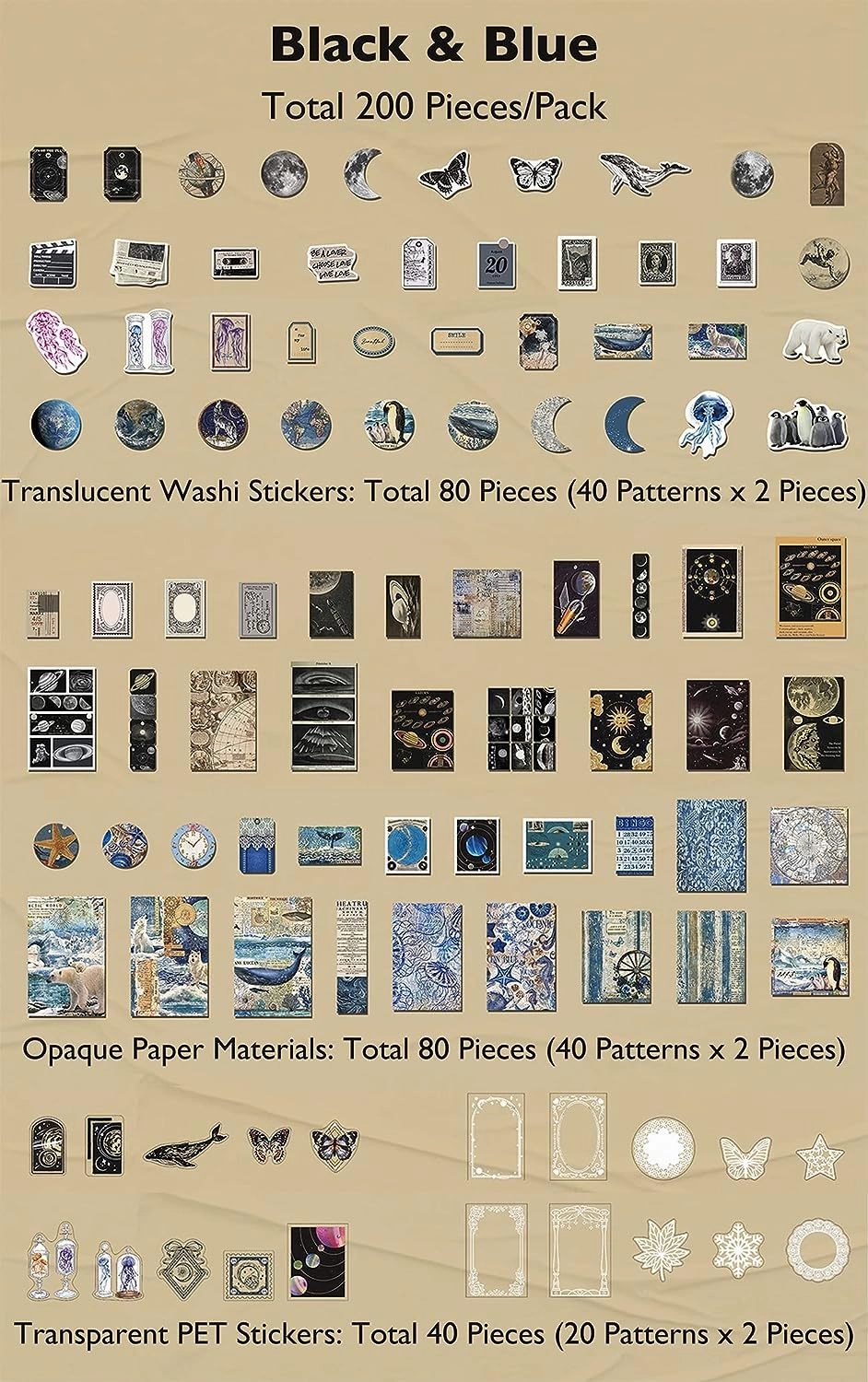 Knaid 200 Piece Vintage Ephemera Bundle - Paper & Sticker Kit for Junk Journaling, Scrapbooking, Planners, Bullet Journals, Collage, Decoupage - Black/Blue Tones