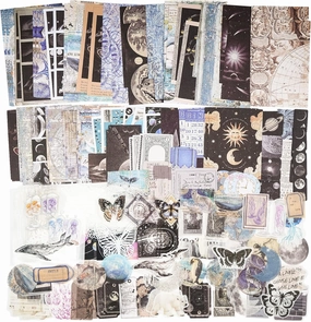 Knaid 200 Piece Vintage Ephemera Bundle - Paper & Sticker Kit for Junk Journaling, Scrapbooking, Planners, Bullet Journals, Collage, Decoupage - Black/Blue Tones