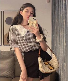 Korean Style Summer Shirts French Plaid Shirts Women's Doll Collar Puff Sleeve Tops