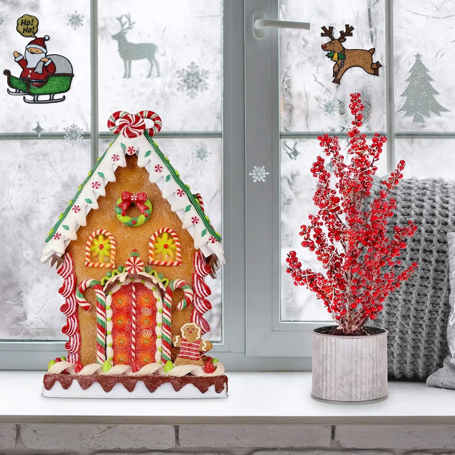 KPCB Gingerbread House Decorations - Prelit Gingerbread Decor 14 inches - Classic Christmas Village Figurines with Detailed Handcrafted Elements - Table Centerpiece Cookie Holiday Decor