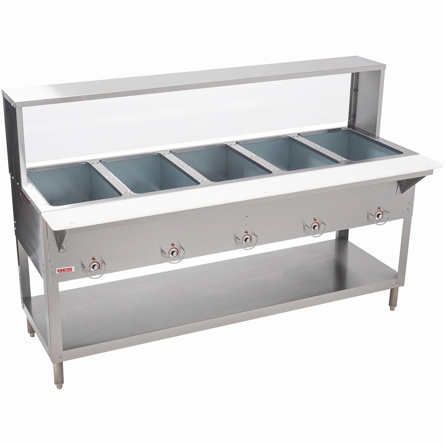 Kratos Commercial Electric Steam Table/Hot Food Table with Overshelf and Shield, 5 Wells, Stainless Steel, Stationary, NSF, 240V (28W-195)