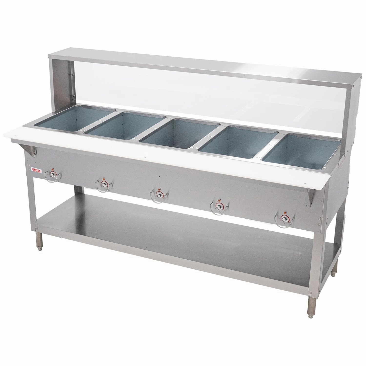 Kratos Commercial Electric Steam Table/Hot Food Table with Overshelf and Shield, 5 Wells, Stainless Steel, Stationary, NSF, 240V (28W-195)