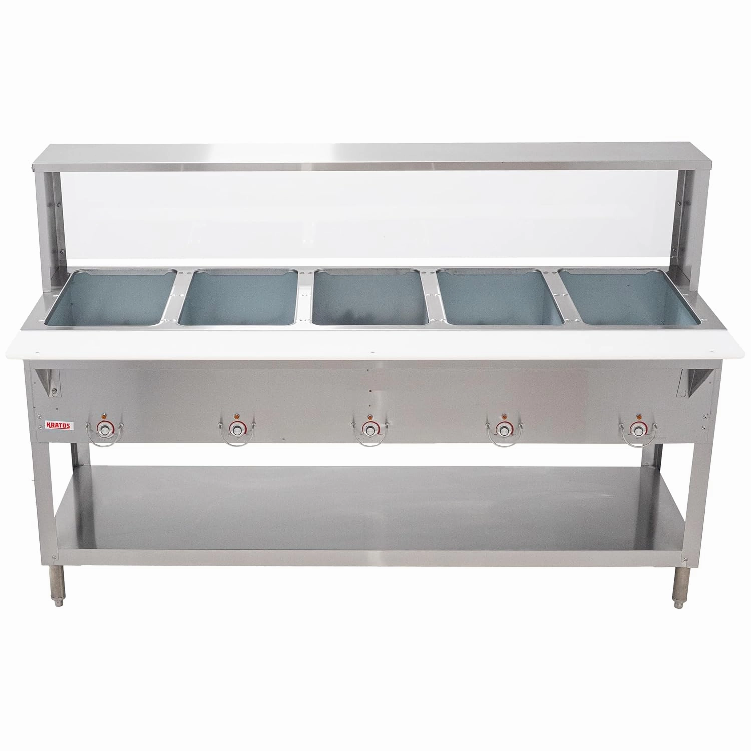 Kratos Commercial Electric Steam Table/Hot Food Table with Overshelf and Shield, 5 Wells, Stainless Steel, Stationary, NSF, 240V (28W-195)