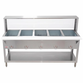 Kratos Commercial Electric Steam Table/Hot Food Table with Overshelf and Shield, 5 Wells, Stainless Steel, Stationary, NSF, 240V (28W-195)